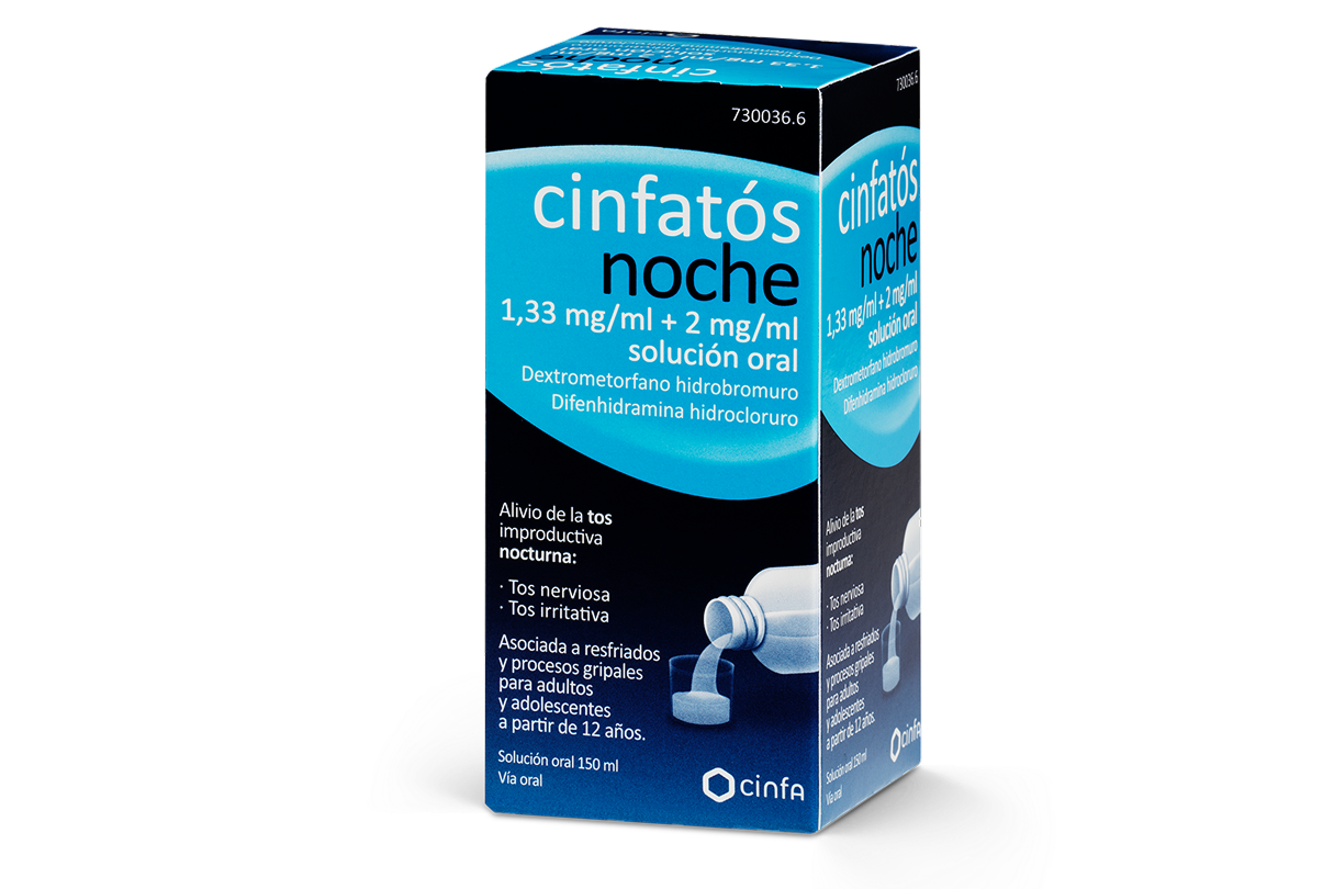 Caja producto Cinfatós Noche en jarabe. Este producto actúa a partir de los 15 minutos.