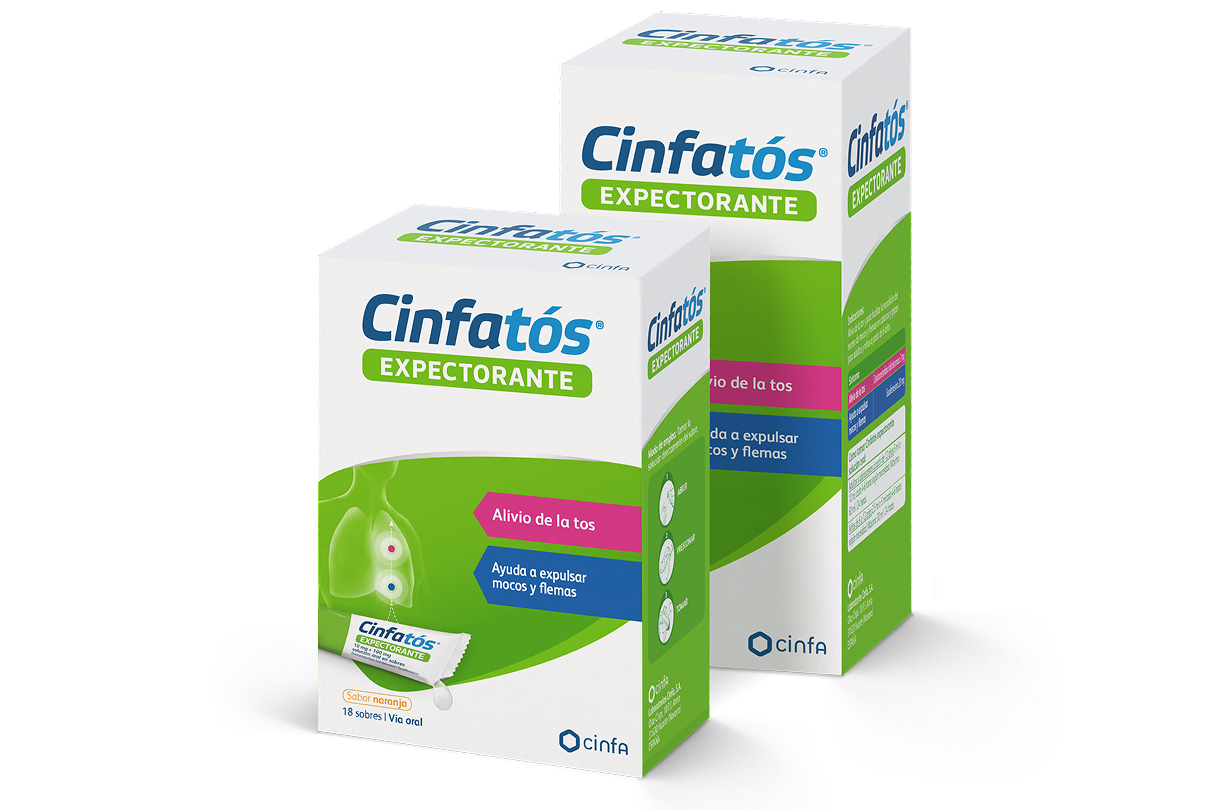 Caja producto Cinfatós Expectorante en sobres sabor naranja. Este producto actúa con doble acción.
